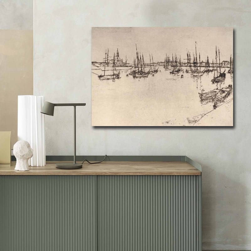 Canvas taulu 70x100 cm - Tyylitelty näkymä satamasta, jossa on veneitä ja mastoja siluetteina - Musta / Beige - Sisustustuotteet - Taulu & taide - Canvas-taulu