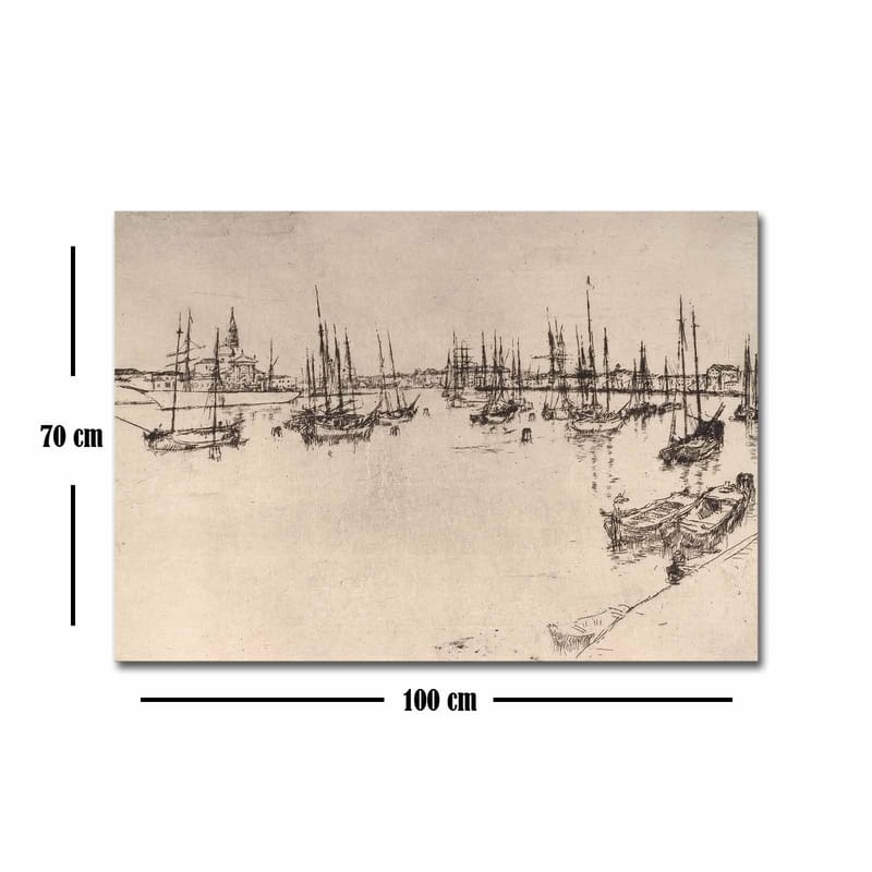 Canvas taulu 70x100 cm - Tyylitelty näkymä satamasta, jossa on veneitä ja mastoja siluetteina - Musta / Beige - Sisustustuotteet - Taulu & taide - Canvas-taulu