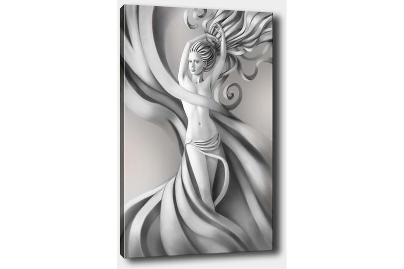 Canvas taulu 70x100 cm - Tyylitelty nainen, jolla on hulmuavat hiukset ja harmaasävyiset vaatteet, jotka ilmentävät liikettä ja eleganssia - Harmaa / Musta / Valkoinen - Sisustustuotteet - Taulu & taide - Canvas-taulu
