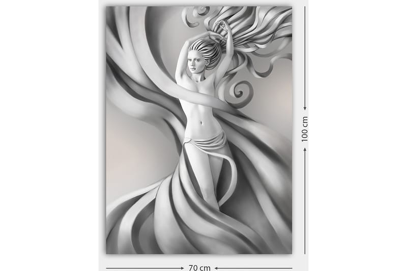Canvas taulu 70x100 cm - Tyylitelty nainen, jolla on hulmuavat hiukset ja harmaasävyiset vaatteet, jotka ilmentävät liikettä ja eleganssia - Harmaa / Musta / Valkoinen - Sisustustuotteet - Taulu & taide - Canvas-taulu