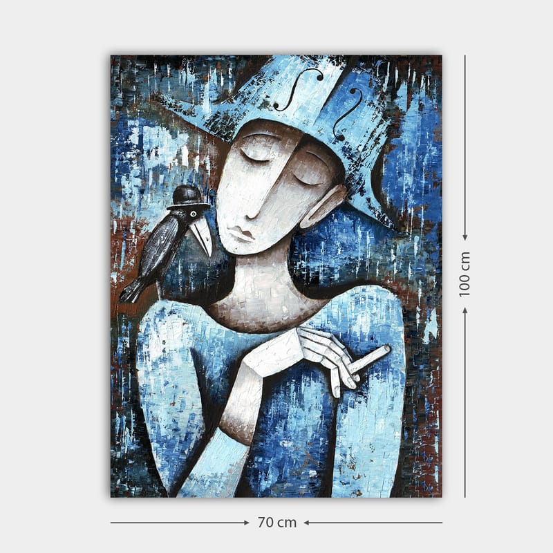 Canvas taulu 70x100 cm - Tyylitelty nainen, jolla on musta lintu olkapäällään, pukeutuneena siniseen ja valkoiseen - Sininen / Valkoinen / Musta - Sisustustuotteet - Taulu & taide - Canvas-taulu