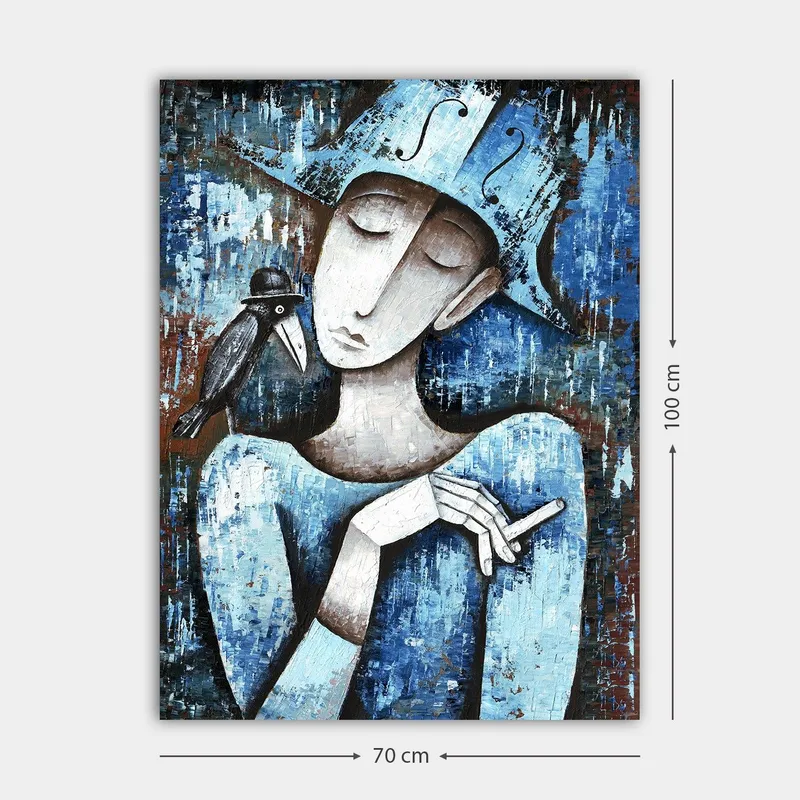 Canvas taulu 70x100 cm - Tyylitelty nainen, jolla on musta lintu olkapäällään, pukeutuneena siniseen ja valkoiseen - Sininen / Valkoinen / Musta - Sisustustuotteet - Taulu & taide - Canvas-taulu