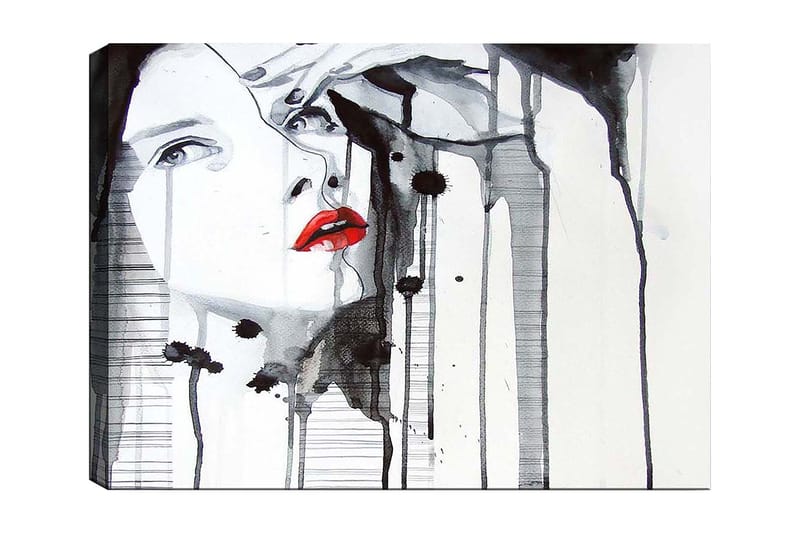 Canvas taulu 70x100 cm - Tyylitelty nainen, jonka kasvoja korostaa punainen huulipuna dramaattisessa mustavalkoisessa sommitelmassa, Punainen / Musta / Valkoinen
