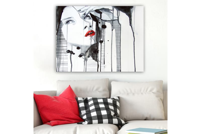 Canvas taulu 70x100 cm - Tyylitelty nainen, jonka kasvoja korostaa punainen huulipuna dramaattisessa mustavalkoisessa sommitelmassa - Punainen / Musta / Valkoinen - Sisustustuotteet - Taulu & taide - Canvas-taulu