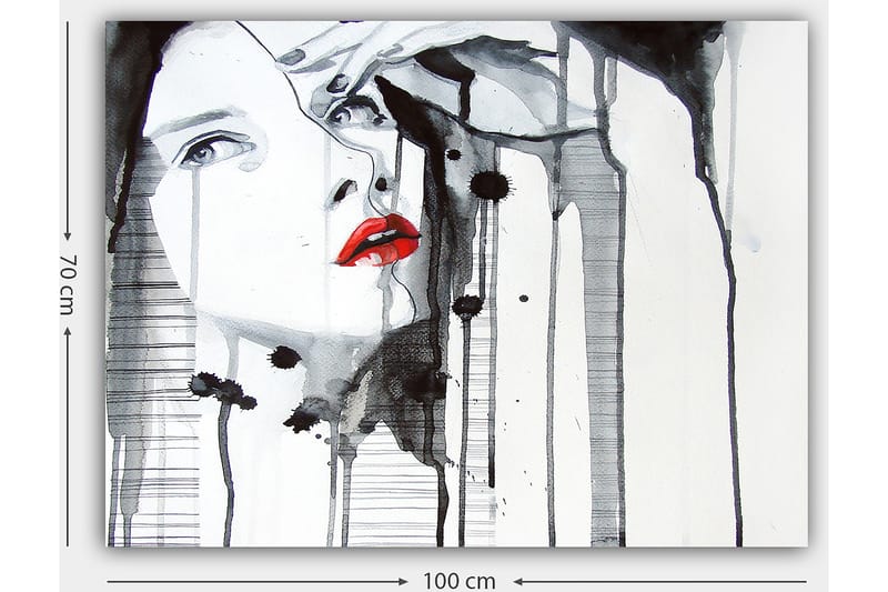 Canvas taulu 70x100 cm - Tyylitelty nainen, jonka kasvoja korostaa punainen huulipuna dramaattisessa mustavalkoisessa sommitelmassa - Punainen / Musta / Valkoinen - Sisustustuotteet - Taulu & taide - Canvas-taulu