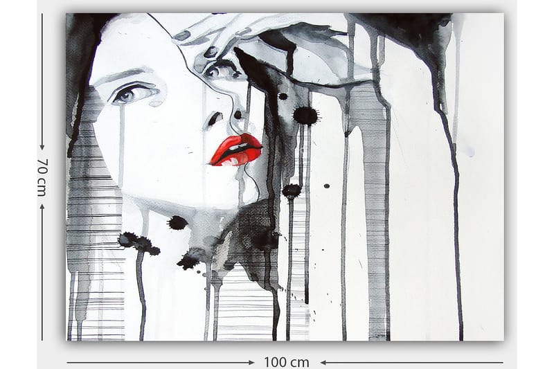 Canvas taulu 70x100 cm - Tyylitelty nainen, jonka kasvoja korostaa punainen huulipuna dramaattisessa mustavalkoisessa sommitelmassa - Punainen / Musta / Valkoinen - Sisustustuotteet - Taulu & taide - Canvas-taulu