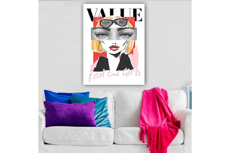 Canvas taulu 70x100 cm - Tyylitelty nainen aurinkolaseissa ja modernilla, värikkäällä taustalla - Vaaleanpunainen / Musta / Keltainen - Sisustustuotteet - Taulu & taide - Canvas-taulu