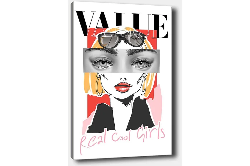 Canvas taulu 70x100 cm - Tyylitelty nainen aurinkolaseissa ja modernilla, värikkäällä taustalla - Vaaleanpunainen / Musta / Keltainen - Sisustustuotteet - Taulu & taide - Canvas-taulu