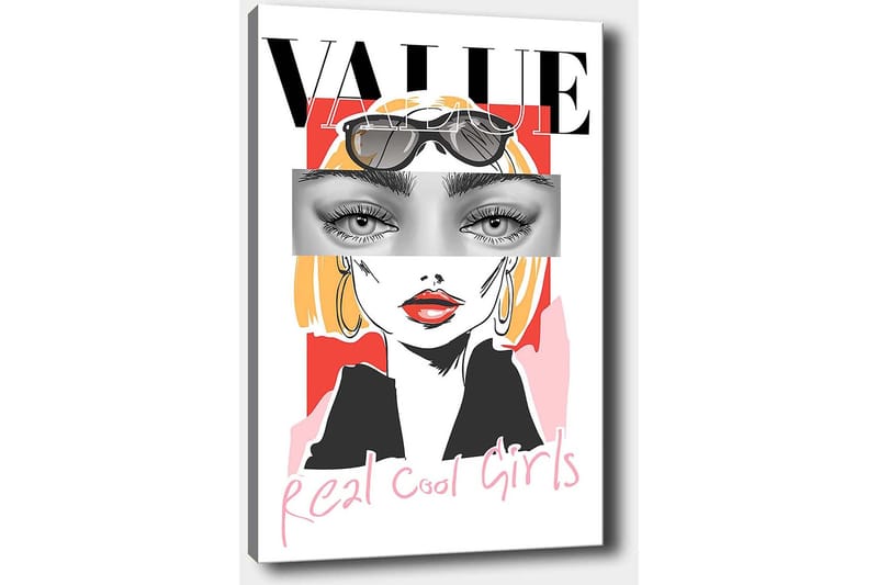 Canvas taulu 70x100 cm - Tyylitelty nainen aurinkolaseissa ja modernilla, värikkäällä taustalla - Vaaleanpunainen / Musta / Keltainen - Sisustustuotteet - Taulu & taide - Canvas-taulu