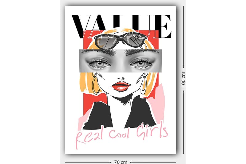 Canvas taulu 70x100 cm - Tyylitelty nainen aurinkolaseissa ja modernilla, värikkäällä taustalla - Vaaleanpunainen / Musta / Keltainen - Sisustustuotteet - Taulu & taide - Canvas-taulu