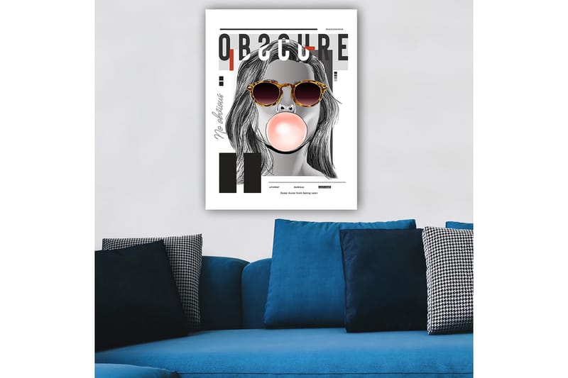 Canvas taulu 70x100 cm - Tyylitelty nainen aurinkolaseissa puhaltaa purukumipalloa, Musta / Harmaa / Punainen