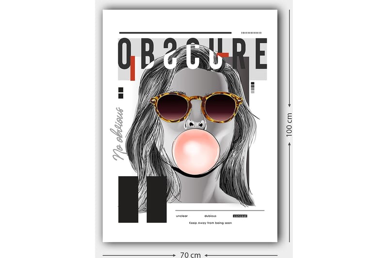 Canvas taulu 70x100 cm - Tyylitelty nainen aurinkolaseissa puhaltaa purukumipalloa - Musta / Harmaa / Punainen - Sisustustuotteet - Taulu & taide - Canvas-taulu