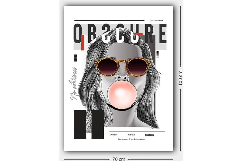 Canvas taulu 70x100 cm - Tyylitelty nainen aurinkolaseissa puhaltaa purukumipalloa - Musta / Harmaa / Punainen - Sisustustuotteet - Taulu & taide - Canvas-taulu