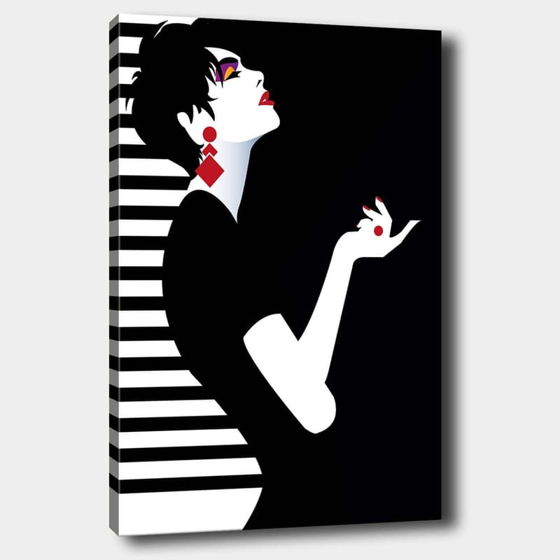 Canvas taulu 70x100 cm - Tyylitelty nainen elegantilla ryhdillä ja dramaattisilla koruilla, Musta / Valkoinen / Punainen