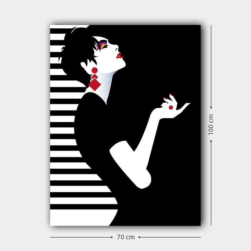 Canvas taulu 70x100 cm - Tyylitelty nainen elegantilla ryhdillä ja dramaattisilla koruilla - Musta / Valkoinen / Punainen - Sisustustuotteet - Taulu & taide - Canvas-taulu