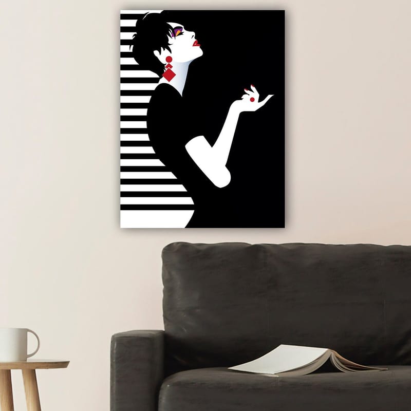 Canvas taulu 70x100 cm - Tyylitelty nainen elegantilla ryhdillä ja dramaattisilla koruilla - Musta / Valkoinen / Punainen - Sisustustuotteet - Taulu & taide - Canvas-taulu