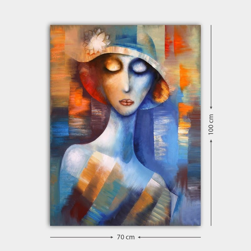 Canvas taulu 70x100 cm - Tyylitelty nainen hatussa, joka huokuu unelmoivaa ja tunteellista tunnelmaa - Sininen / Oranssi / Valkoinen - Sisustustuotteet - Taulu & taide - Canvas-taulu