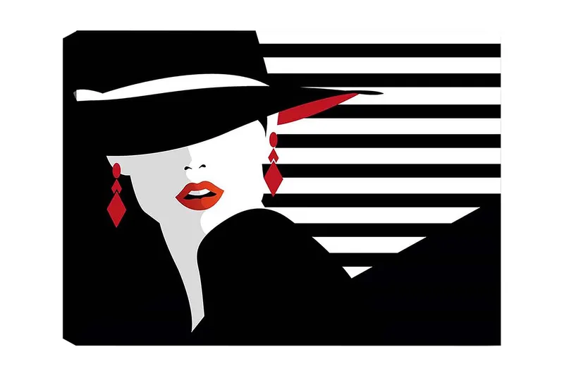 Canvas taulu 70x100 cm - Tyylitelty nainen hatussa ja punaisissa yksityiskohdissa, jotka korostavat hänen kasvojaan ja korujaan, Musta / Valkoinen / Punainen