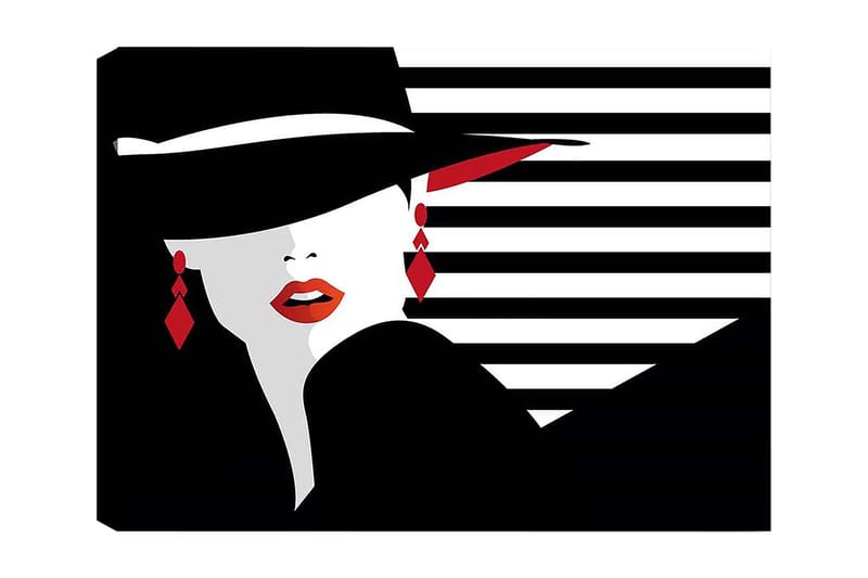 Canvas taulu 70x100 cm - Tyylitelty nainen hatussa ja punaisissa yksityiskohdissa, jotka korostavat hänen kasvojaan ja korujaan, Musta / Valkoinen / Punainen