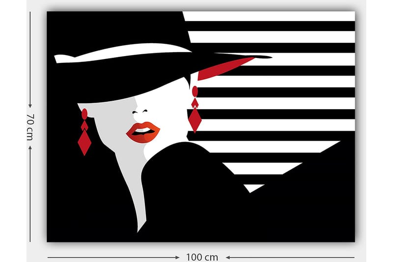 Canvas taulu 70x100 cm - Tyylitelty nainen hatussa ja punaisissa yksityiskohdissa, jotka korostavat hänen kasvojaan ja korujaan - Musta / Valkoinen / Punainen - Sisustustuotteet - Taulu & taide - Canvas-taulu