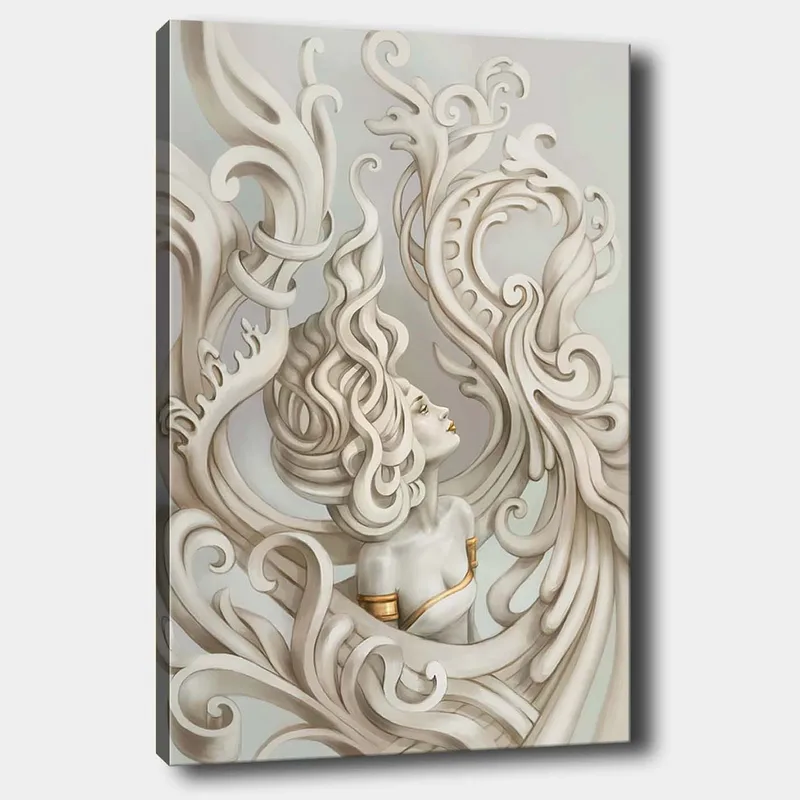 Canvas taulu 70x100 cm - Tyylitelty nainen hulmuavilla hiuksilla, koristeellisten kaarien ja muotojen ympäröimänä, Vaaleanharmaa / Beige / Valkoinen