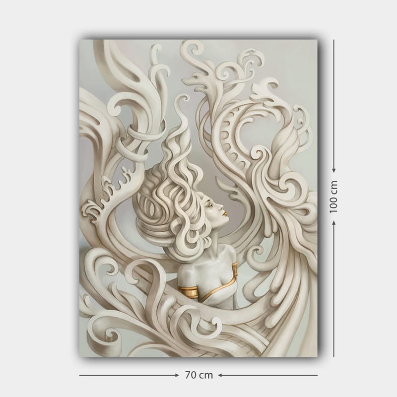 Canvas taulu 70x100 cm - Tyylitelty nainen hulmuavilla hiuksilla, koristeellisten kaarien ja muotojen ympäröimänä - Vaaleanharmaa / Beige / Valkoinen - Sisustustuotteet - Taulu & taide - Canvas-taulu