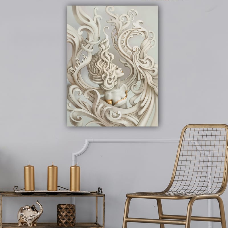 Canvas taulu 70x100 cm - Tyylitelty nainen hulmuavilla hiuksilla, koristeellisten kaarien ja muotojen ympäröimänä - Vaaleanharmaa / Beige / Valkoinen - Sisustustuotteet - Taulu & taide - Canvas-taulu