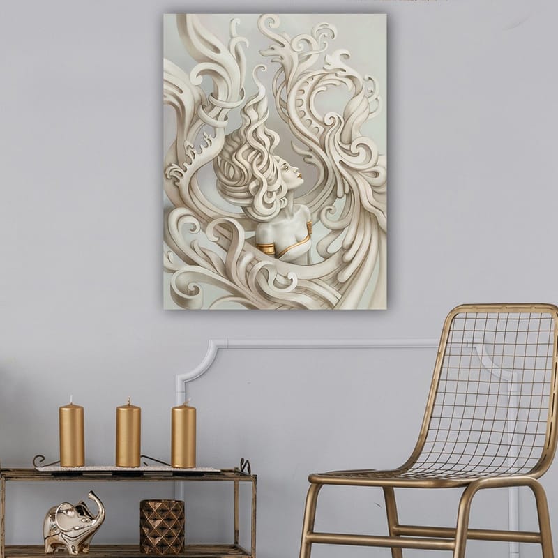 Canvas taulu 70x100 cm - Tyylitelty nainen hulmuavilla hiuksilla, koristeellisten kaarien ja muotojen ympäröimänä - Vaaleanharmaa / Beige / Valkoinen - Sisustustuotteet - Taulu & taide - Canvas-taulu