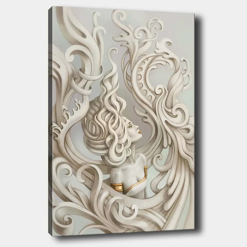 Canvas taulu 70x100 cm - Tyylitelty nainen hulmuavilla hiuksilla, koristeellisten kaarien ja muotojen ympäröimänä, Vaaleanharmaa / Beige / Valkoinen