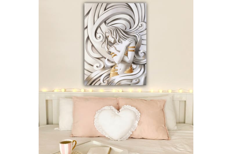 Canvas taulu 70x100 cm - Tyylitelty nainen hulmuavin hiuksin syleilee itseään abstraktissa sommitelmassa - Valkoinen / Kulta / Harmaa - Sisustustuotteet - Taulu & taide - Canvas-taulu