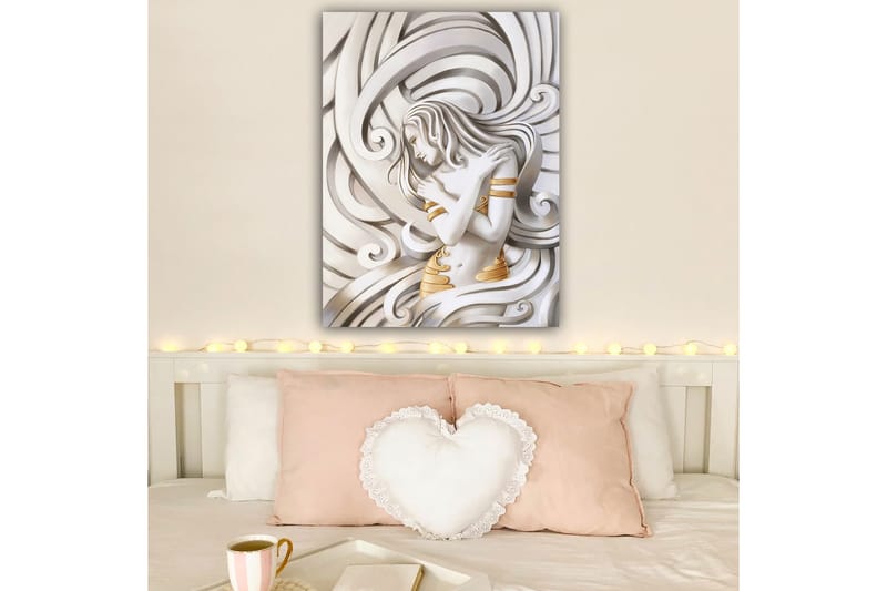 Canvas taulu 70x100 cm - Tyylitelty nainen hulmuavin hiuksin syleilee itseään abstraktissa sommitelmassa - Valkoinen / Kulta / Harmaa - Sisustustuotteet - Taulu & taide - Canvas-taulu