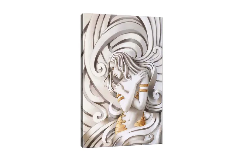 Canvas taulu 70x100 cm - Tyylitelty nainen hulmuavin hiuksin syleilee itseään abstraktissa sommitelmassa, Valkoinen / Kulta / Harmaa