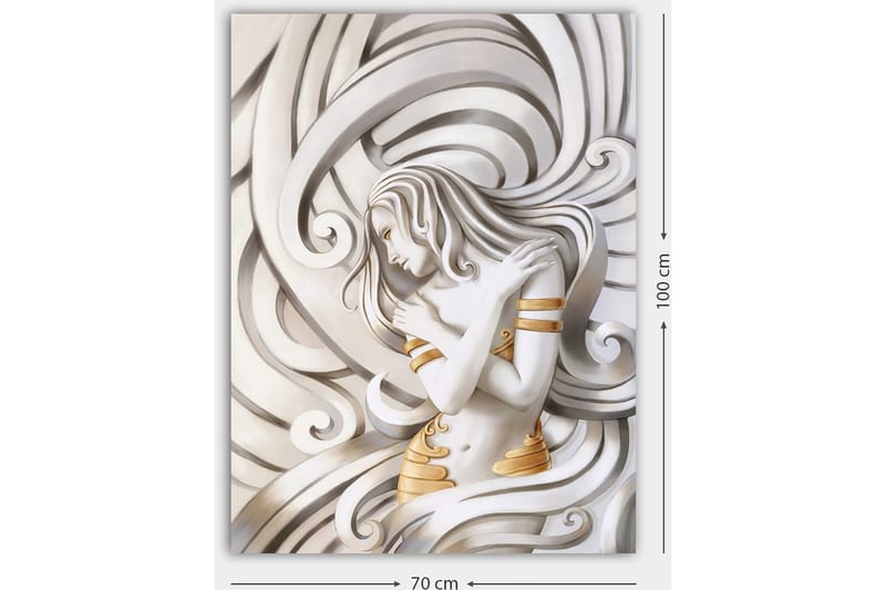 Canvas taulu 70x100 cm - Tyylitelty nainen hulmuavin hiuksin syleilee itseään abstraktissa sommitelmassa - Valkoinen / Kulta / Harmaa - Sisustustuotteet - Taulu & taide - Canvas-taulu