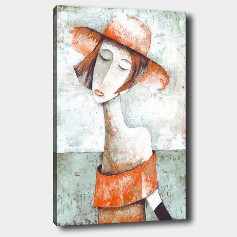 Canvas taulu 70x100 cm - Tyylitelty nainen isossa hatussa ja oranssissa neuleessa, joka luo rauhallisen ja huomaavaisen tunnelman, Oranssi / Harmaa / Valkoinen