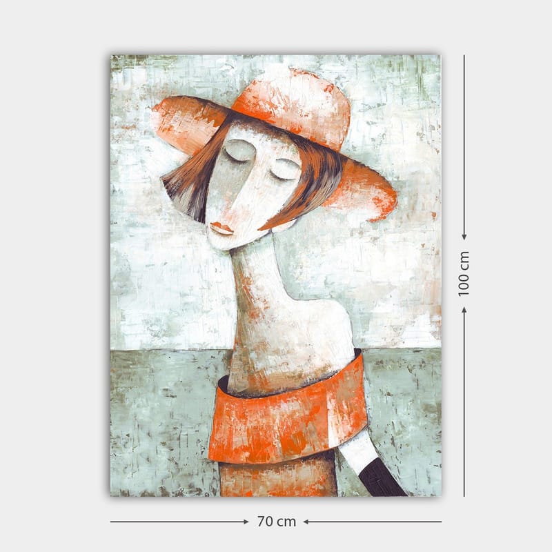 Canvas taulu 70x100 cm - Tyylitelty nainen isossa hatussa ja oranssissa neuleessa, joka luo rauhallisen ja huomaavaisen tunnelman - Oranssi / Harmaa / Valkoinen - Sisustustuotteet - Taulu & taide - Canvas-taulu