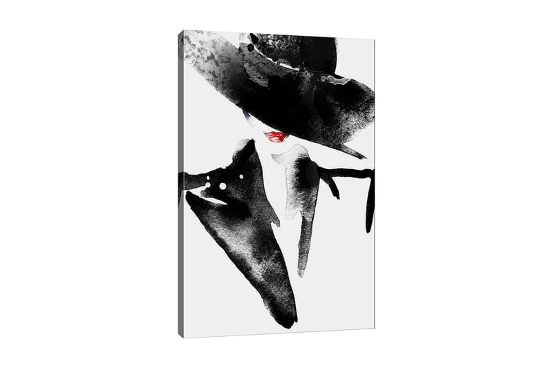 Canvas taulu 70x100 cm - Tyylitelty nainen isossa hatussa ja punaisella huulipunalla säteilee eleganssia ja mysteeriä, Musta / Punainen