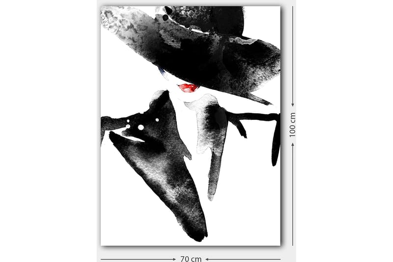 Canvas taulu 70x100 cm - Tyylitelty nainen isossa hatussa ja punaisella huulipunalla säteilee eleganssia ja mysteeriä - Musta / Punainen - Sisustustuotteet - Taulu & taide - Canvas-taulu