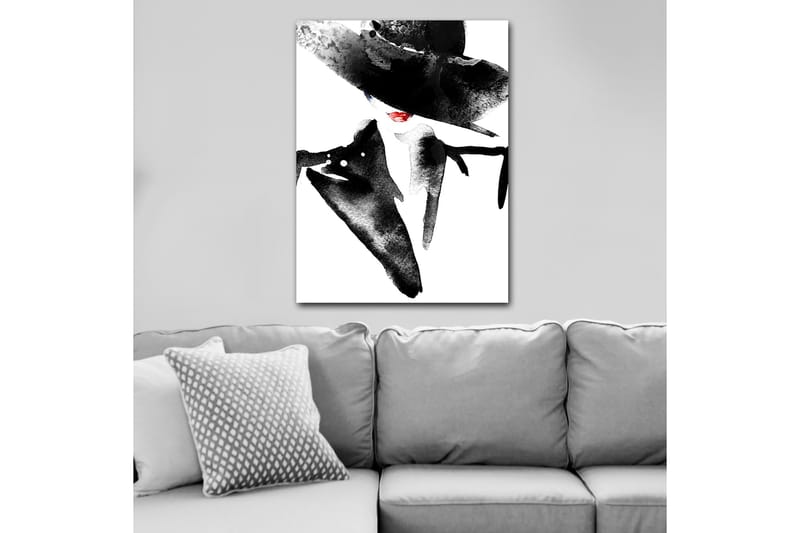 Canvas taulu 70x100 cm - Tyylitelty nainen isossa hatussa ja punaisella huulipunalla säteilee eleganssia ja mysteeriä - Musta / Punainen - Sisustustuotteet - Taulu & taide - Canvas-taulu