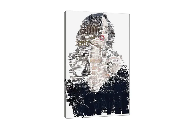 Canvas taulu 70x100 cm - Tyylitelty nainen ja teksti, joka korostaa kauneutta ja itsevarmuutta, Musta / Ruskea / Valkoinen