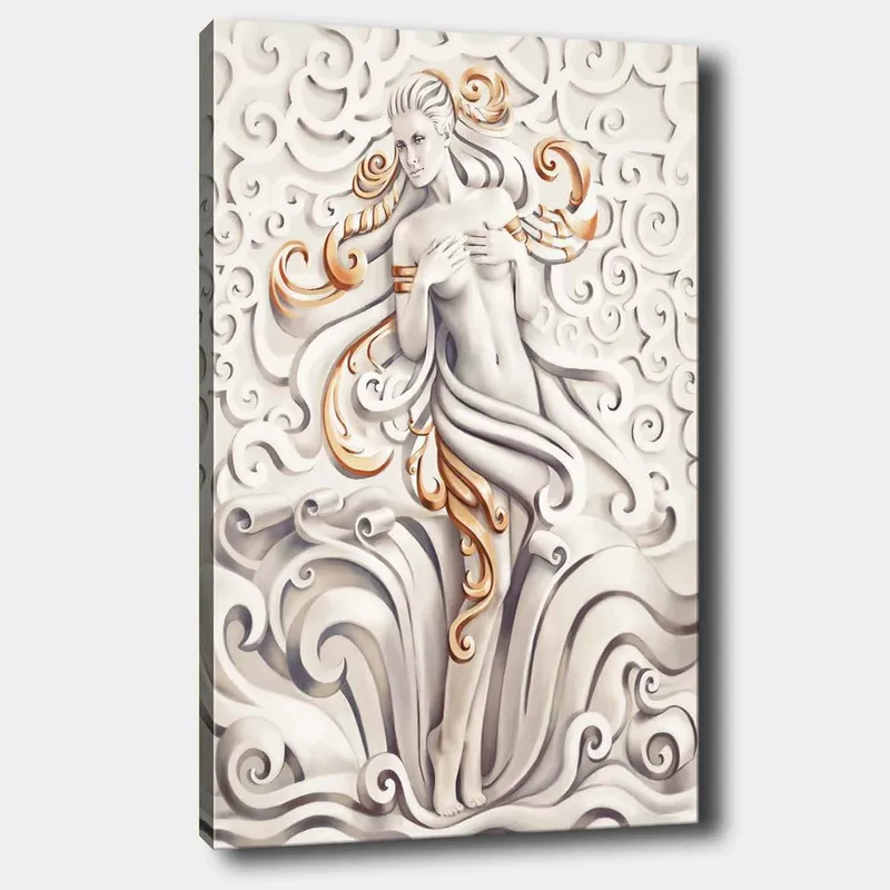 Canvas taulu 70x100 cm - Tyylitelty nainen keinuvien kuvioiden ja koristelun ympäröimänä, Valkoinen / Beige / Kulta