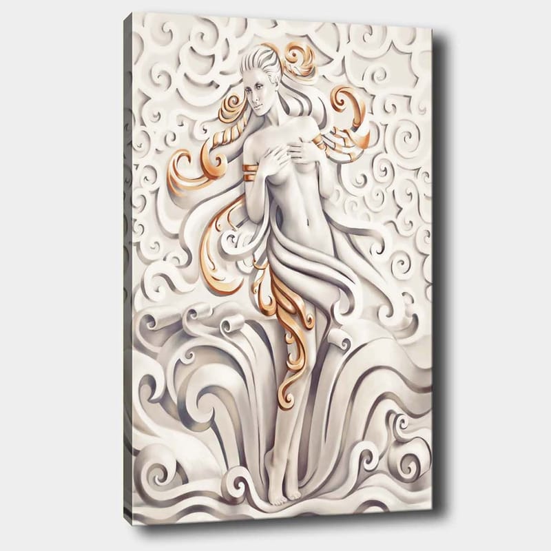 Canvas taulu 70x100 cm - Tyylitelty nainen keinuvien kuvioiden ja koristelun ympäröimänä, Valkoinen / Beige / Kulta