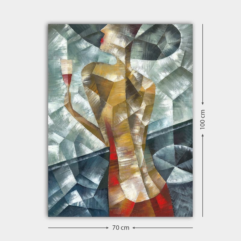 Canvas taulu 70x100 cm - Tyylitelty nainen lasi kädessään, geometristen muotojen ja värien ympäröimänä - Punainen / Beige / Harmaa - Sisustustuotteet - Taulu & taide - Canvas-taulu
