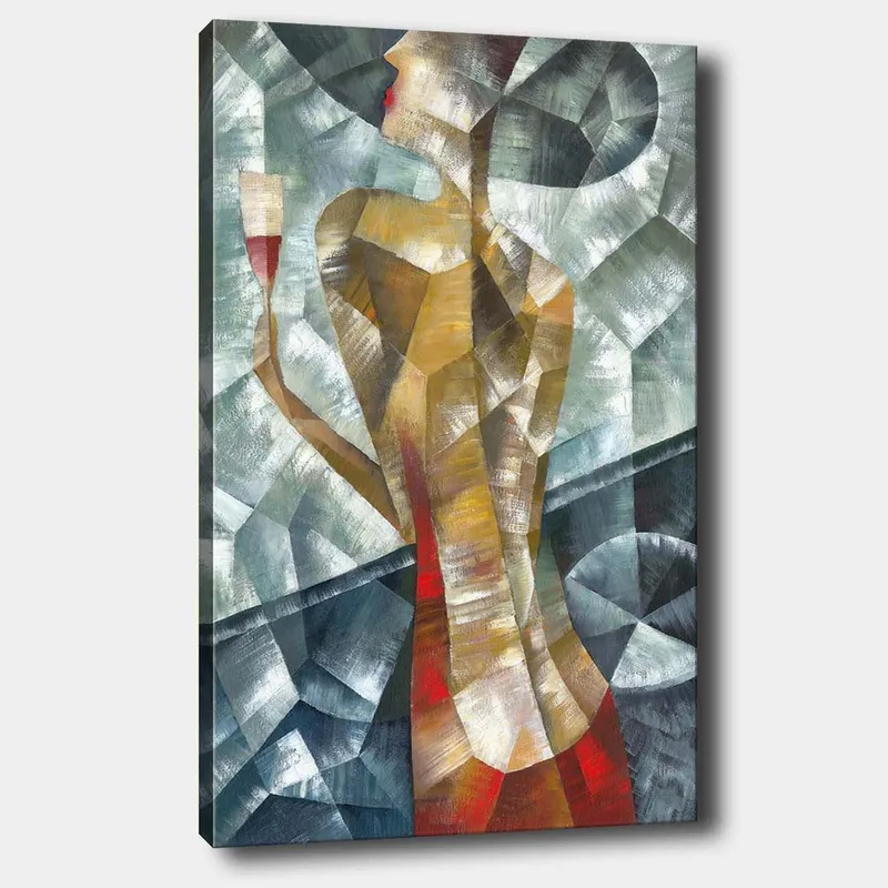 Canvas taulu 70x100 cm - Tyylitelty nainen lasi kädessään, geometristen muotojen ja värien ympäröimänä, Punainen / Beige / Harmaa