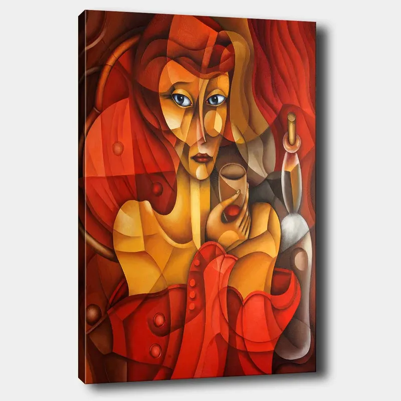 Canvas taulu 70x100 cm - Tyylitelty nainen lasi kädessään, lämpimien punaisten ja oranssien sävyjen ympäröimänä, Punainen / Oranssi / Beige