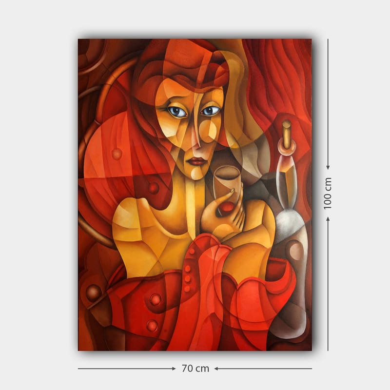 Canvas taulu 70x100 cm - Tyylitelty nainen lasi kädessään, lämpimien punaisten ja oranssien sävyjen ympäröimänä - Punainen / Oranssi / Beige - Sisustustuotteet - Taulu & taide - Canvas-taulu