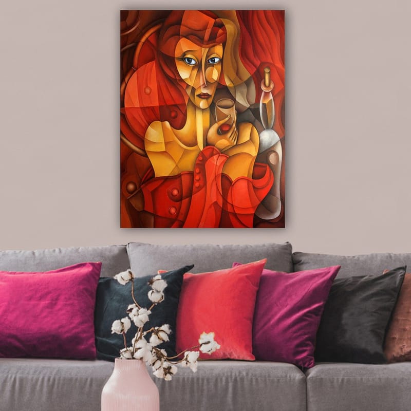 Canvas taulu 70x100 cm - Tyylitelty nainen lasi kädessään, lämpimien punaisten ja oranssien sävyjen ympäröimänä - Punainen / Oranssi / Beige - Sisustustuotteet - Taulu & taide - Canvas-taulu