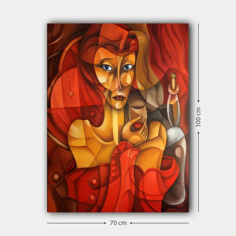 Canvas taulu 70x100 cm - Tyylitelty nainen lasi kädessään, lämpimien punaisten ja oranssien sävyjen ympäröimänä - Punainen / Oranssi / Beige - Sisustustuotteet - Taulu & taide - Canvas-taulu