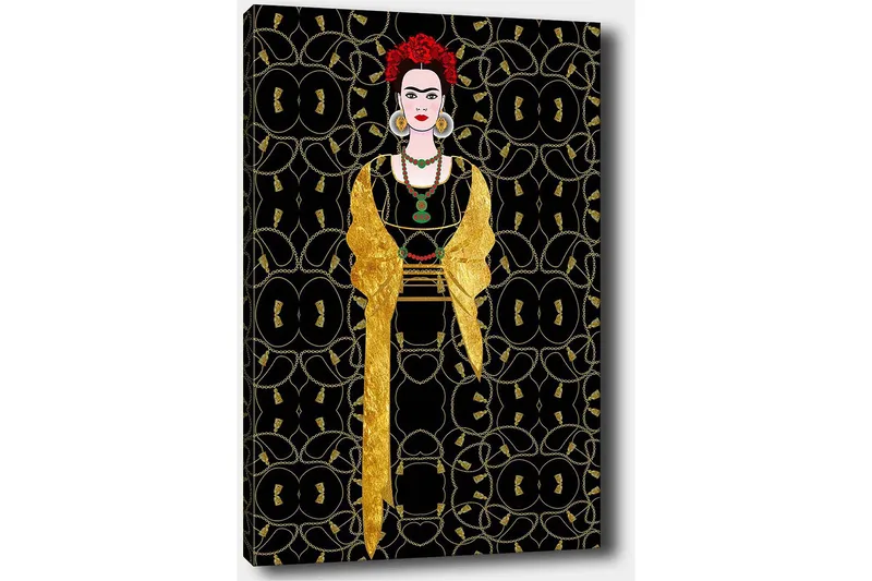 Canvas taulu 70x100 cm - Tyylitelty nainen mustaan ja kultaan pukeutuneena, hiuksissaan punainen kukka - Musta / Kulta / Punainen - Sisustustuotteet - Taulu & taide - Canvas-taulu