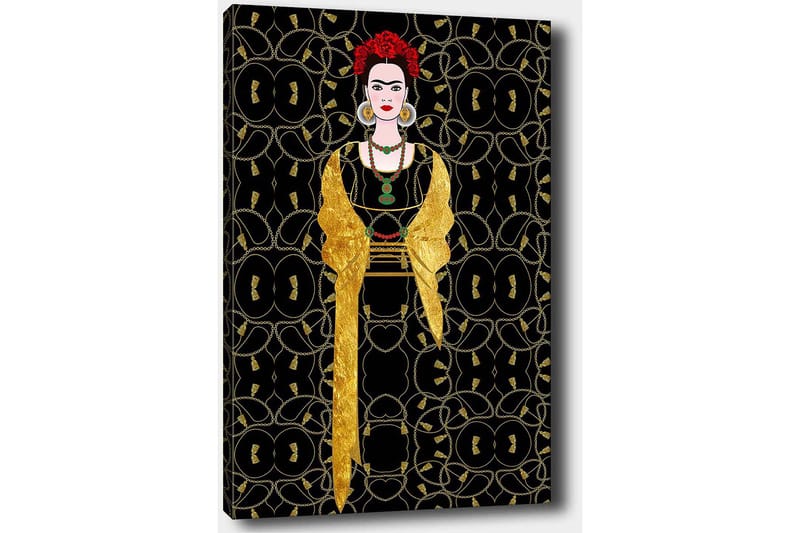 Canvas taulu 70x100 cm - Tyylitelty nainen mustaan ja kultaan pukeutuneena, hiuksissaan punainen kukka - Musta / Kulta / Punainen - Sisustustuotteet - Taulu & taide - Canvas-taulu