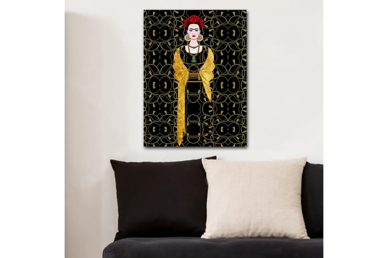 Canvas taulu 70x100 cm - Tyylitelty nainen mustaan ja kultaan pukeutuneena, hiuksissaan punainen kukka, Musta / Kulta / Punainen